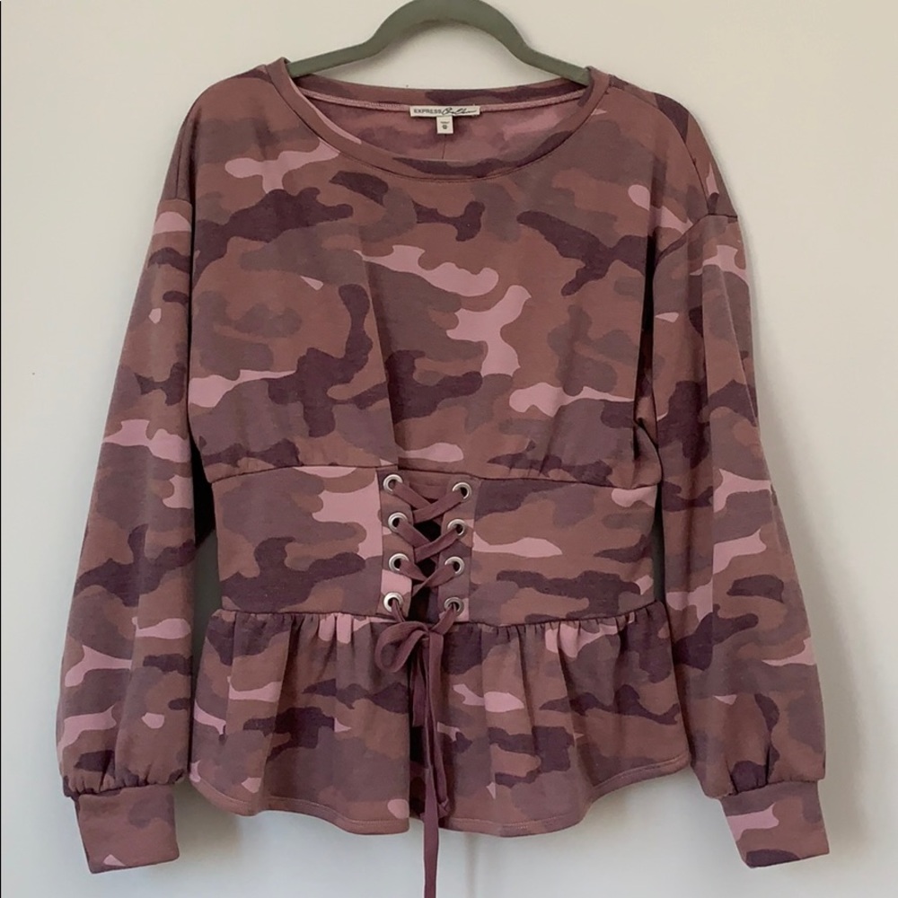 Express Camo Corset Waist Sweatshirt